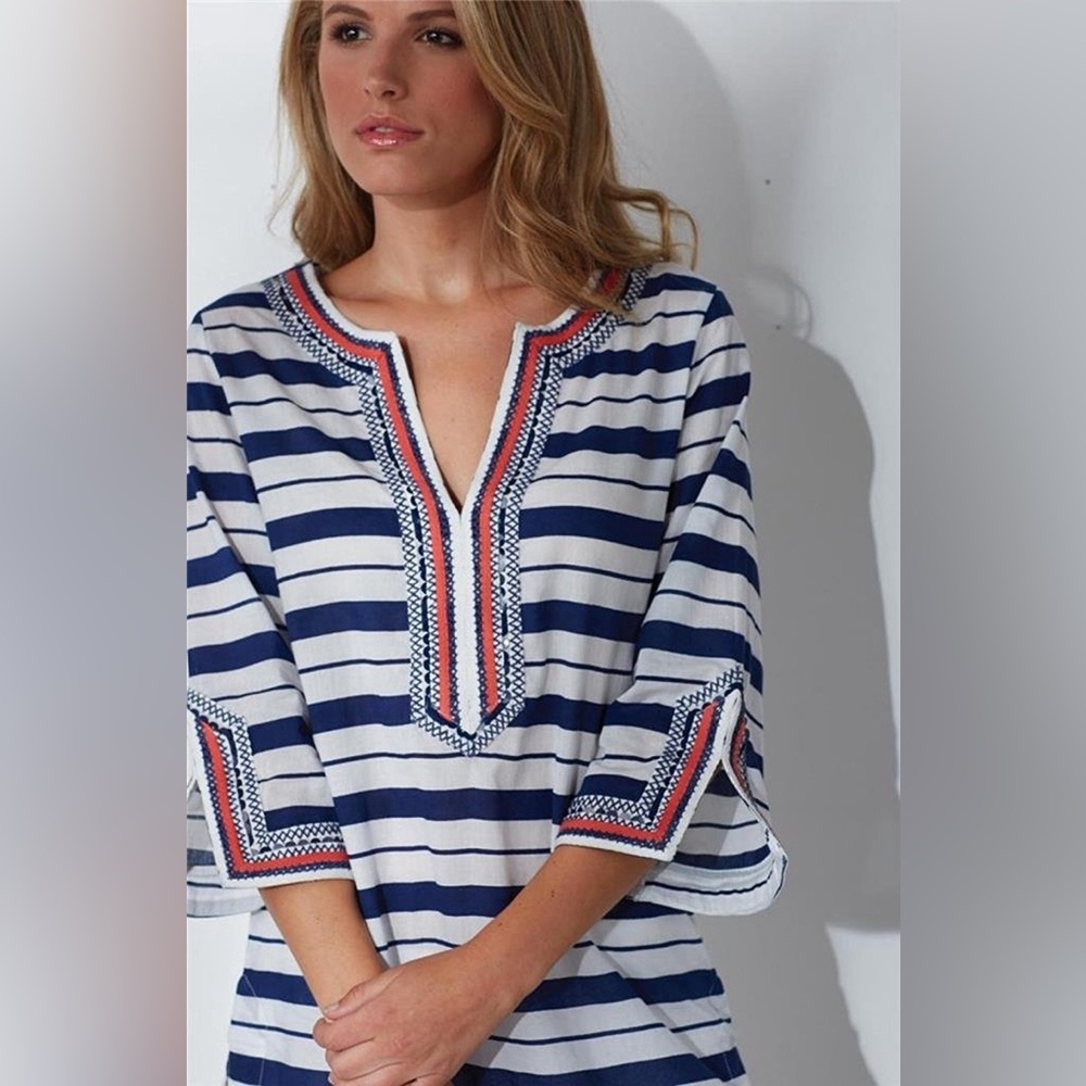 Mud Pie 3/4 -Sleeve Cover Up Tunic Women’s L Striped Sequin V-Neck